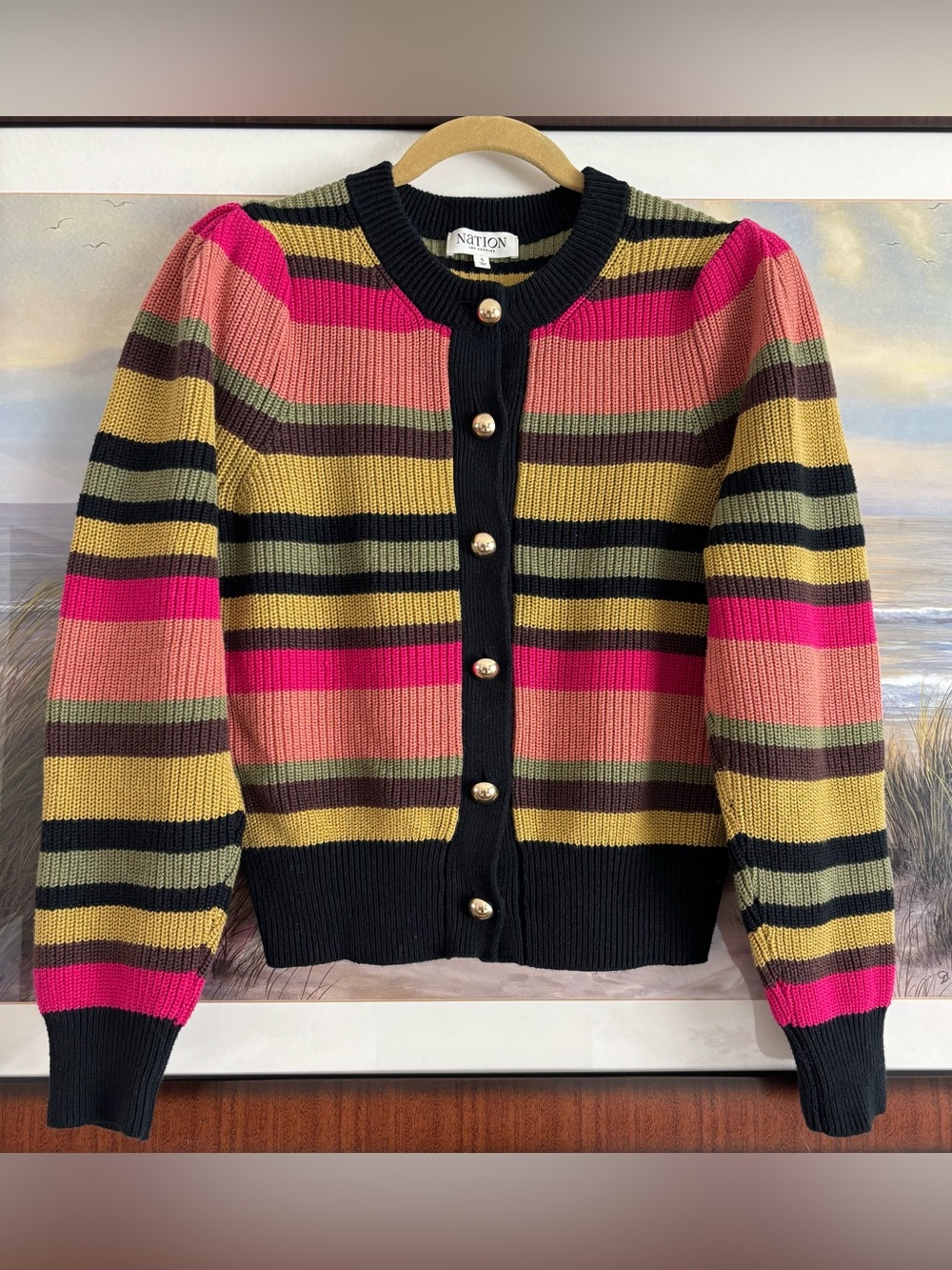 NATION LTD Carmela Baby Alpaca Blend Cardigan Sweater Vintage Stripe Ribbed Knit